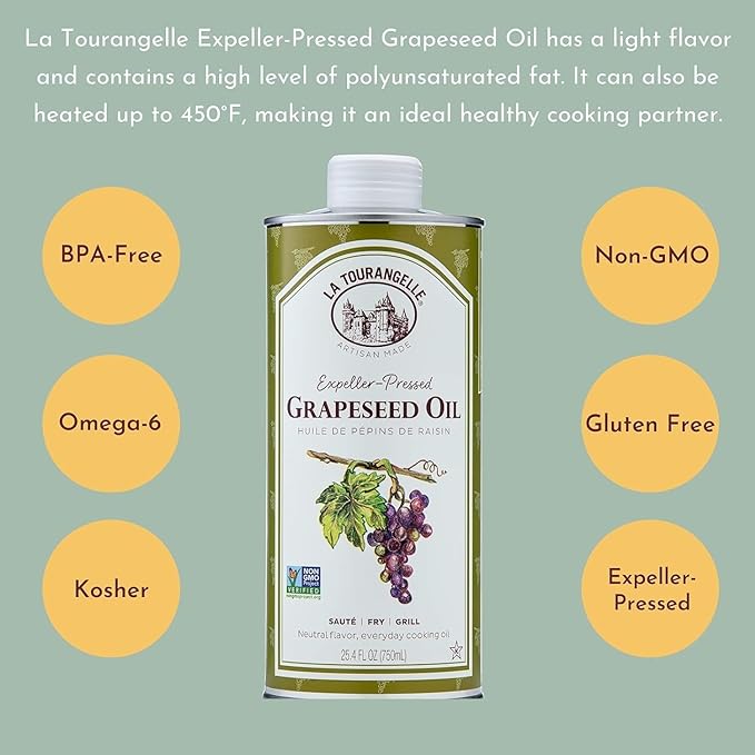 La Tourangelle, Expeller-Pressed Grapeseed Oil, High Heat Neutral Cooking Oil, Cast Iron Seasoning, Also Great for Skin, Hair, and DIY Beauty Recipes, 25.4 fl oz