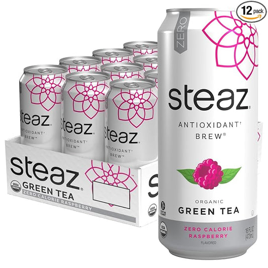 Steaz - Organic Green Tea - Zero Calorie Raspberry (12 Pack) - Antioxidant Brew - 65mg Natural Caffeine, Vitamin C - Stevia Sweetened Iced Tea - Vegan, Fair Trade - 12 Cans, 16 fl oz (473mL)