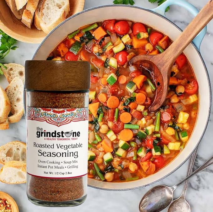 The Grindstone, Roasted vegetable seasoning and spice mix, Hand blended rubs and spices for roasting, baking, bbq, 2.8 oz. Glass Jar with Sifter, Pack of 2