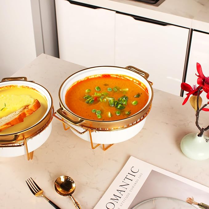 Ceramic Casserole Dish with rack and Glass Lid, 2.2 Qt Round Serving Soup Tureen with Handle, Serving Tureen for Restaurant Home Kitchen Decoration, Perfect for Entertainment, Party, gift