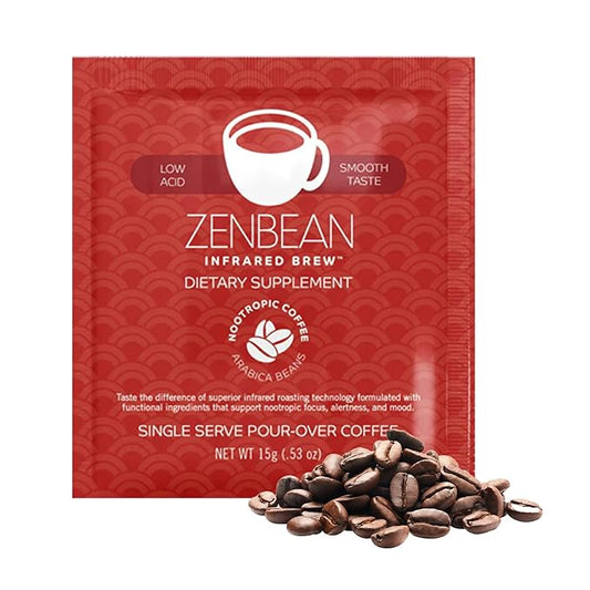 Zenbean Infrared Coffee Brew - 10 Servings Per Travel Pack, Single-Serve Pour-Over, Nootropic with Rhodiola Rosea, Adaptogen for Improved Focus and Energy