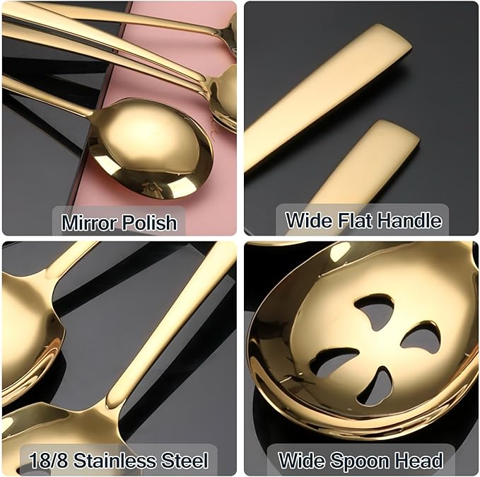 Large Serving Spoons Set Stainless Steel 12 Inch Slotted Spoon and Serving Spoon Serving Utensils for Buffet Catering Dishwasher Safe(2-pieces, Gold)