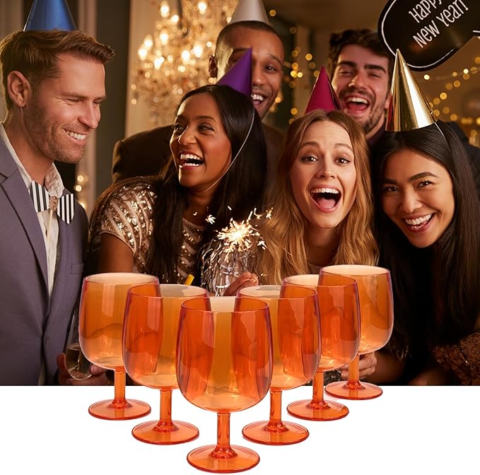 Yalin Set of 6 Unbreakable 12 oz Acrylic Plastic Wine and Water Tumbler Stackable Goblets. (Orange, 12 oz)