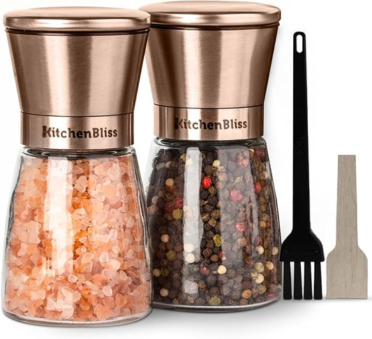 Kitchen Bliss Premium Copper Stainless Steel Salt and Pepper Grinder Set - Short Glass Shakers - Adjustable Coarseness Mills - Refillable with Himalayan Salt, Black Peppercorn - Set of 2