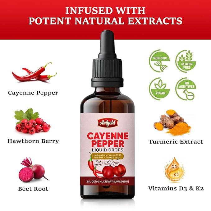Arigold Cayenne Pepper Liquid Drops ??2 fl oz (60 ml) Vegan Supplement with Vitamin D3 K2, Hawthorn Berry, Beet Root, Turmeric, Ceylon Cinnamon, Berberine & Ginseng - Non-GMO Gluten-Free.