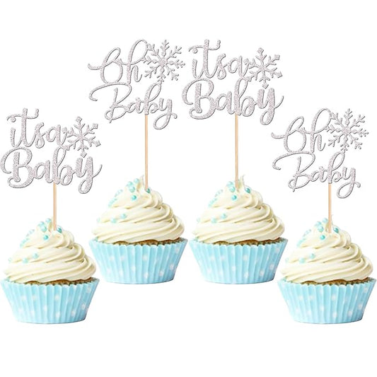 24 PCS Oh Baby Snowflake Cupcake Toppers Silver Glitter Winter Frozen Snowflake It's a Baby Cupcake Picks for Winter Wonderland Baby Shower Birthday Merry Christmas Party Cake Decorations Supplies