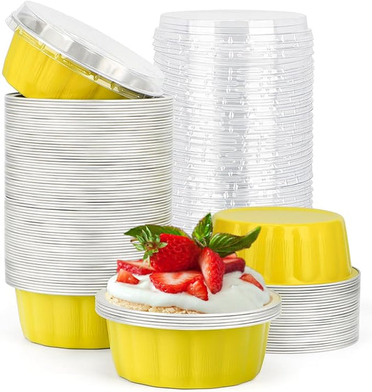 Beasea Aluminum Cups for Baking, 8oz 100 Pack Disposable Ramekins with Lids, Lemon Yellow Aluminum Foil Cups Creme Brulee Muffin Cupcake Baking Cup Mini Pudding Cups for Party Wedding Birthday