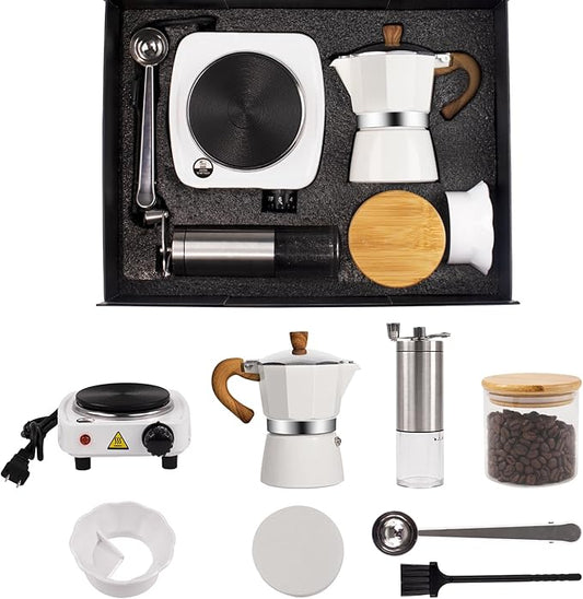 7-in-1 Moka Pot Espresso Set with Electric Stove 3 Cup Aluminum Stovetop Coffee Maker Percolator Italian Classic Mocha Coffee Machine with Hand Grinder Sealing Canister Spoon Portable Camping