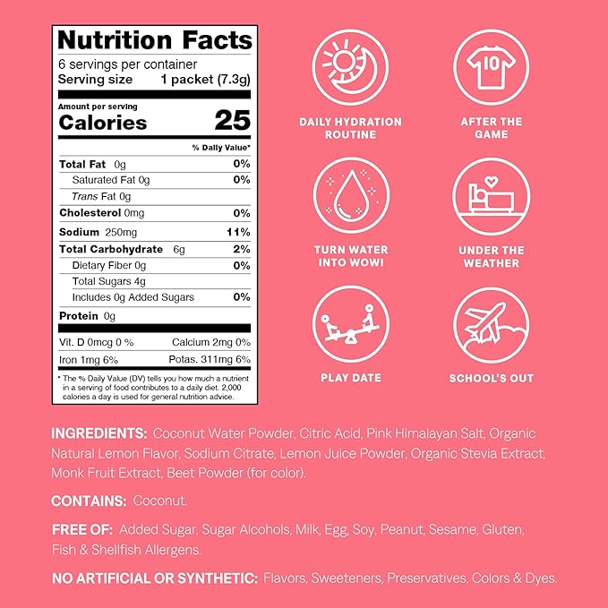 Cure Hydration Kids Electrolyte Drink Mix | Plant-Based Pediatrician Formulated Rehydration | No Added Sugar, FSA-HSA, Non-GMO, Gluten-Free, No Artificial Flavors | Box of 6 Packets - Pink Lemonade