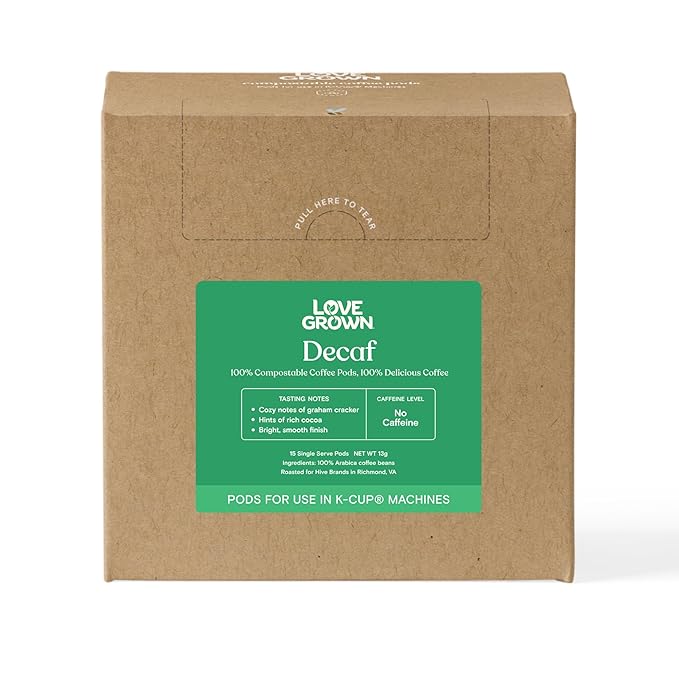 Love Grown Compostable Coffee Pods - Compatible with Single-Serve Brewing Machines - 100% Arabica Beans, Plastic-Free, Gluten-Free, Non-GMO - Decaf, Box of 15