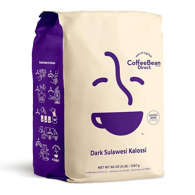 Coffee Bean Direct Dark Sulawesi Kalossi, Whole Bean Coffee, Arabica Coffee, Dark Roast, 5 Pound Bag (Pack of 1)