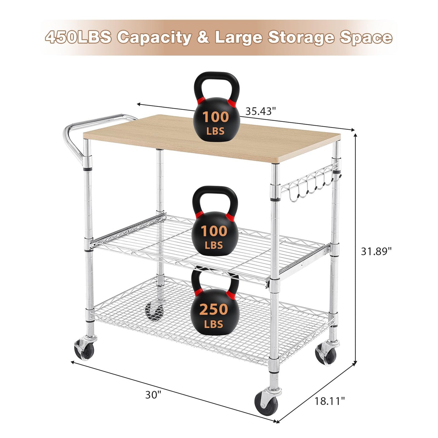 3 Tier Rolling Kitchen Cart with Wood Tabletop, Kitchen Island Carts with Wheels & Slider Shelf