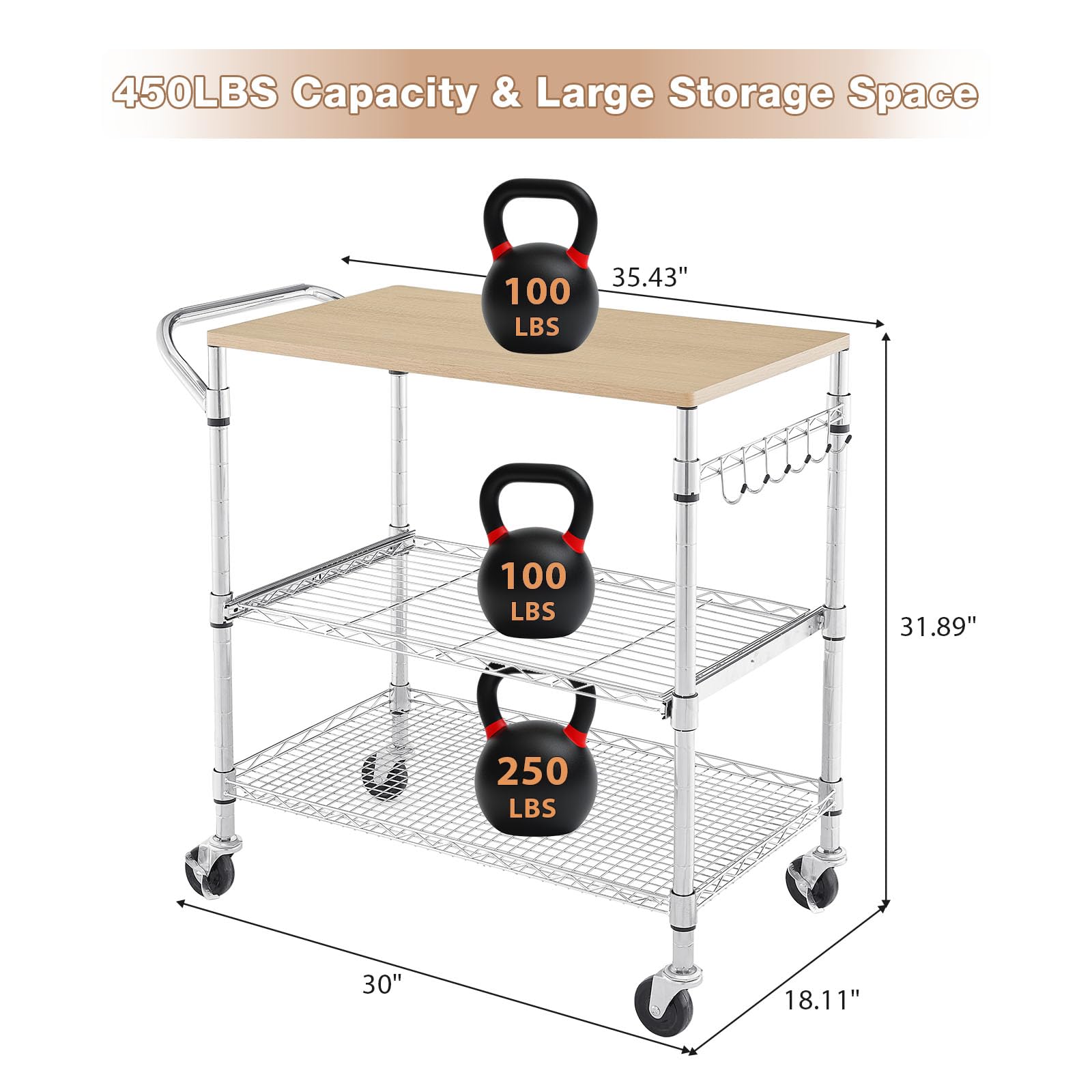 3 Tier Rolling Kitchen Cart with Wood Tabletop, Kitchen Island Carts with Wheels & Slider Shelf
