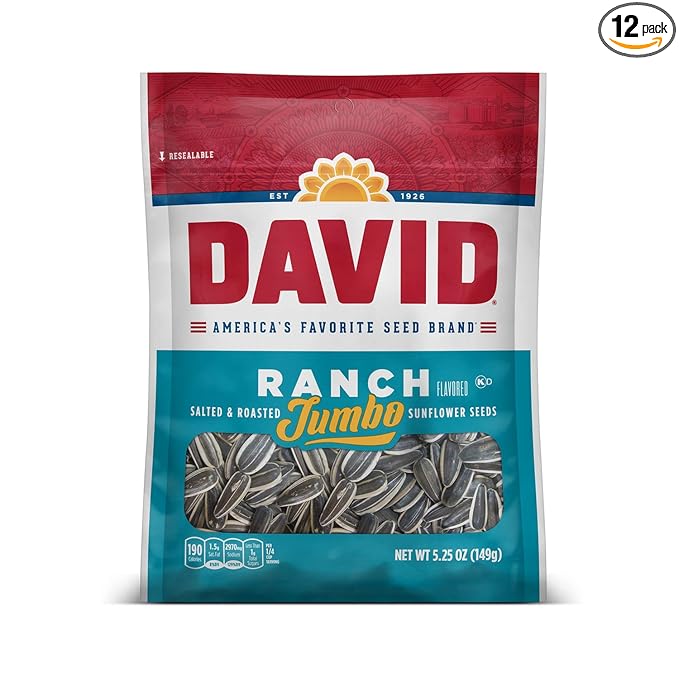 DAVID SEEDS Roasted and Salted Ranch Jumbo Sunflower Seeds, Keto Friendly, 5.25 oz, 12 Pack