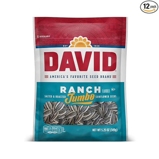 DAVID SEEDS Roasted and Salted Ranch Jumbo Sunflower Seeds, Keto Friendly, 5.25 oz, 12 Pack