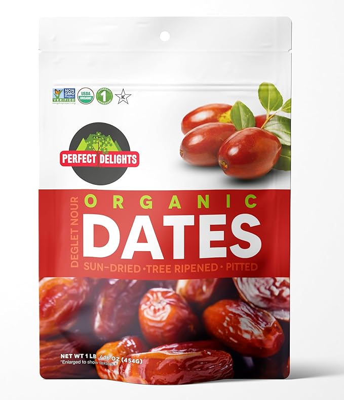 Perfect Delights Organic Dates, Vegan, Sun-Dried Pitted Dates, Healthy Fruit Snack for Kids and Adults - Single Pack(16 oz)