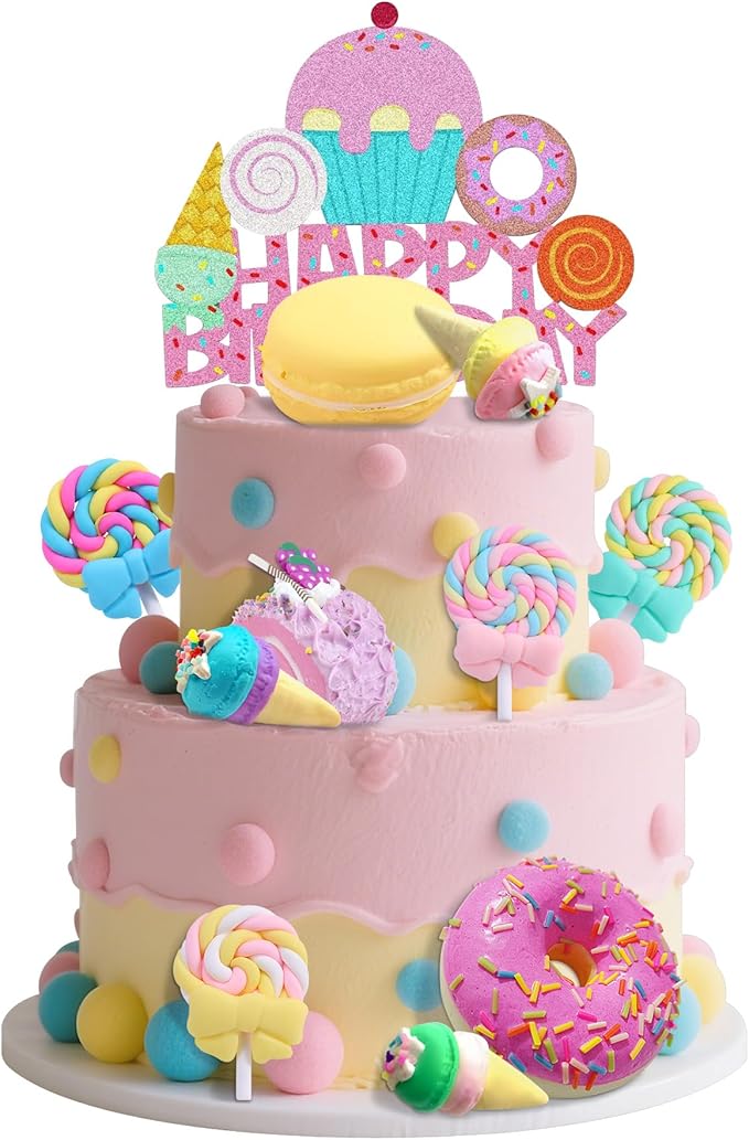 25 PCS Donut Cake Topper Candy Cupcake Toppers Candy Birthday Themed Party Supplies Ice Cream Cupcake Toppers