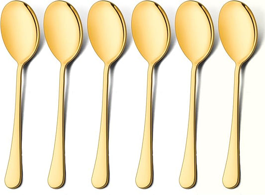 LIANYU Gold Serving Spoons Set of 6, 9.8 Inch Stainless Steel Large Dinner Buffet Catering Banquet Serving Spoons, Mirror Finish, Dishwasher Safe
