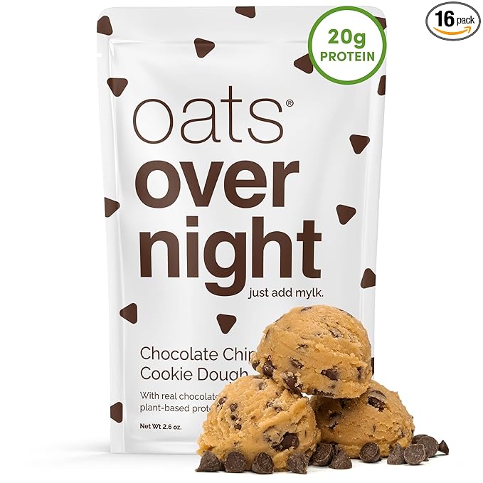 Oats Overnight - Chocolate Chip Cookie Dough - Vegan, 20g Protein, High Fiber Breakfast Shake - Gluten Free, Non GMO Oatmeal (2.6 oz per meal) (16 Pack)