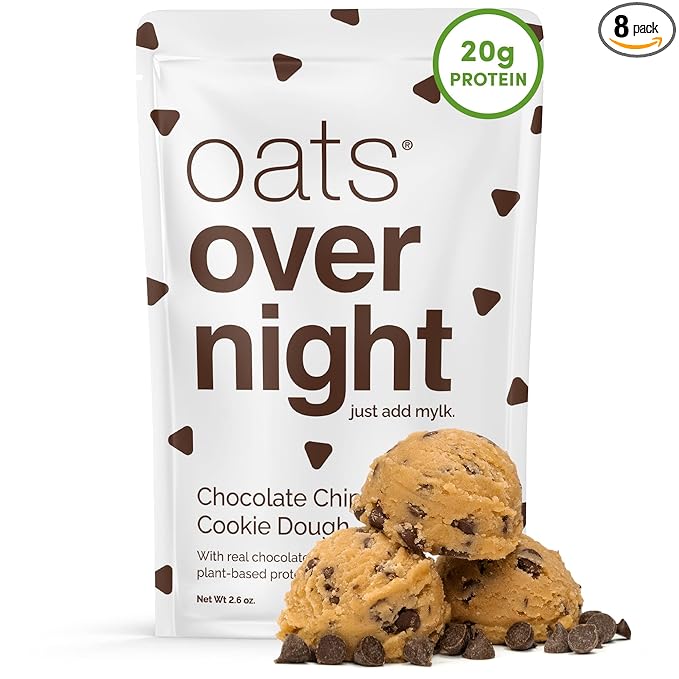 Oats Overnight - Chocolate Chip Cookie Dough - Vegan, 20g Protein, High Fiber Breakfast Shake - Gluten Free, Non GMO Oatmeal (2.6 oz per meal) (8 Pack)