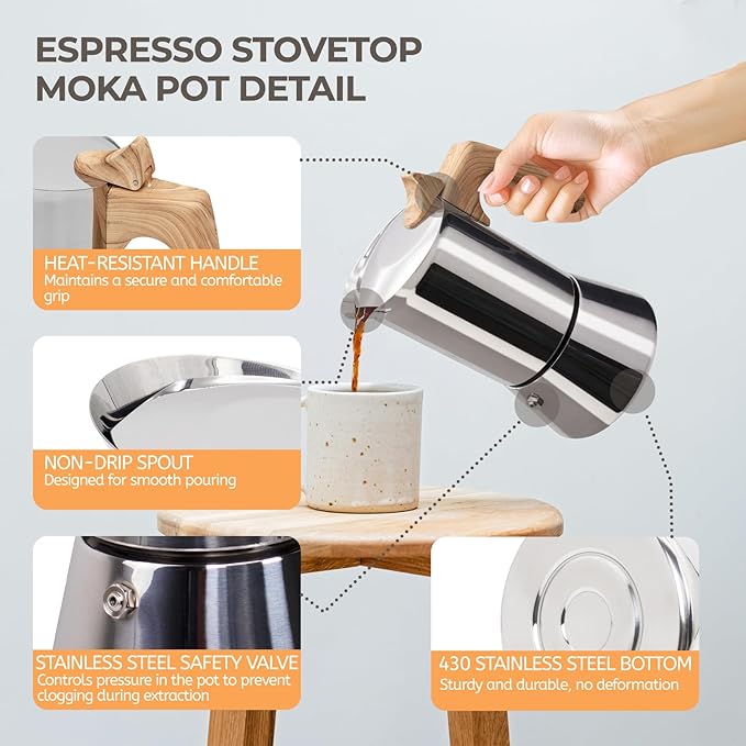 Uncoated 12 Cup Moka Pot 304 Thickened Stainless Steel Coffee Maker Stovetop Espresso Coffeemaker Italian Classic Style Brewing Greca Cafe Mocha Machine for Cafeteras Camping Travel Home 600ml 20oz