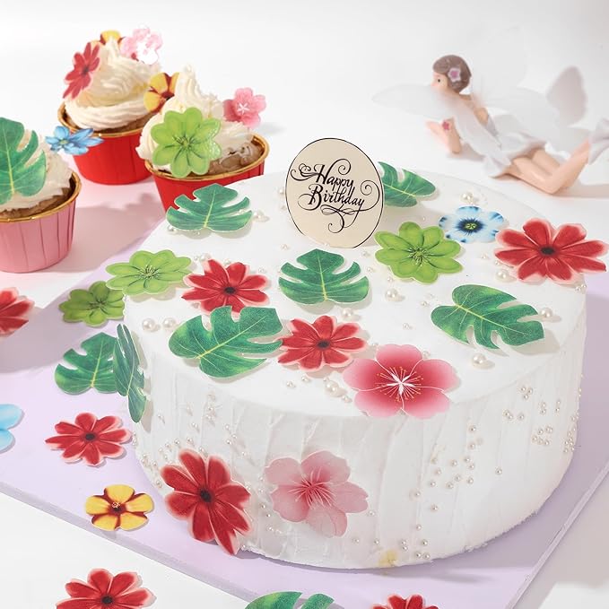 YOcity 83pcs Edible Monstera Tropical Leaves Flowers Cake Toppers Tropical Palm Leaves Flowers Cupcake Toppers Decorations for Jungle Hawaii Theme Baby Shower Kids Birthday Party Supplies
