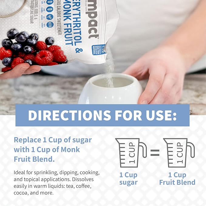 Impact White Monk Fruit & Erythritol Sweetener Blend - Gluten Free, Zero Calories, Net Carbs, Keto, Vegan, Non-GMO - 1 is to 1 Sugar Substitute - 1lb