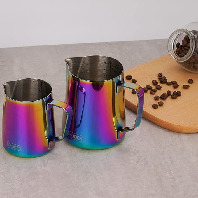 Milk Frothing Pitcher, 32oz Espresso Steaming Pitchers Stainless Steel Cappuccino Coffee Machine Accessories Barista Tools Steam Froth Pitchers Milk Jug Cup with Decorating Pen Latte Art, Rainbow
