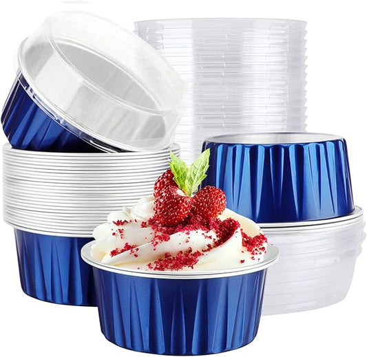 EUSOAR Mini Aluminum Pans with Lids, 30pcs 5oz Disposable Aluminum Foil Cupcake Liners Ramekins Baking Cups, Dessert Cups with Lids Aluminum Cheesecake Pan Creme Brulee Ramekins-Royal Blue