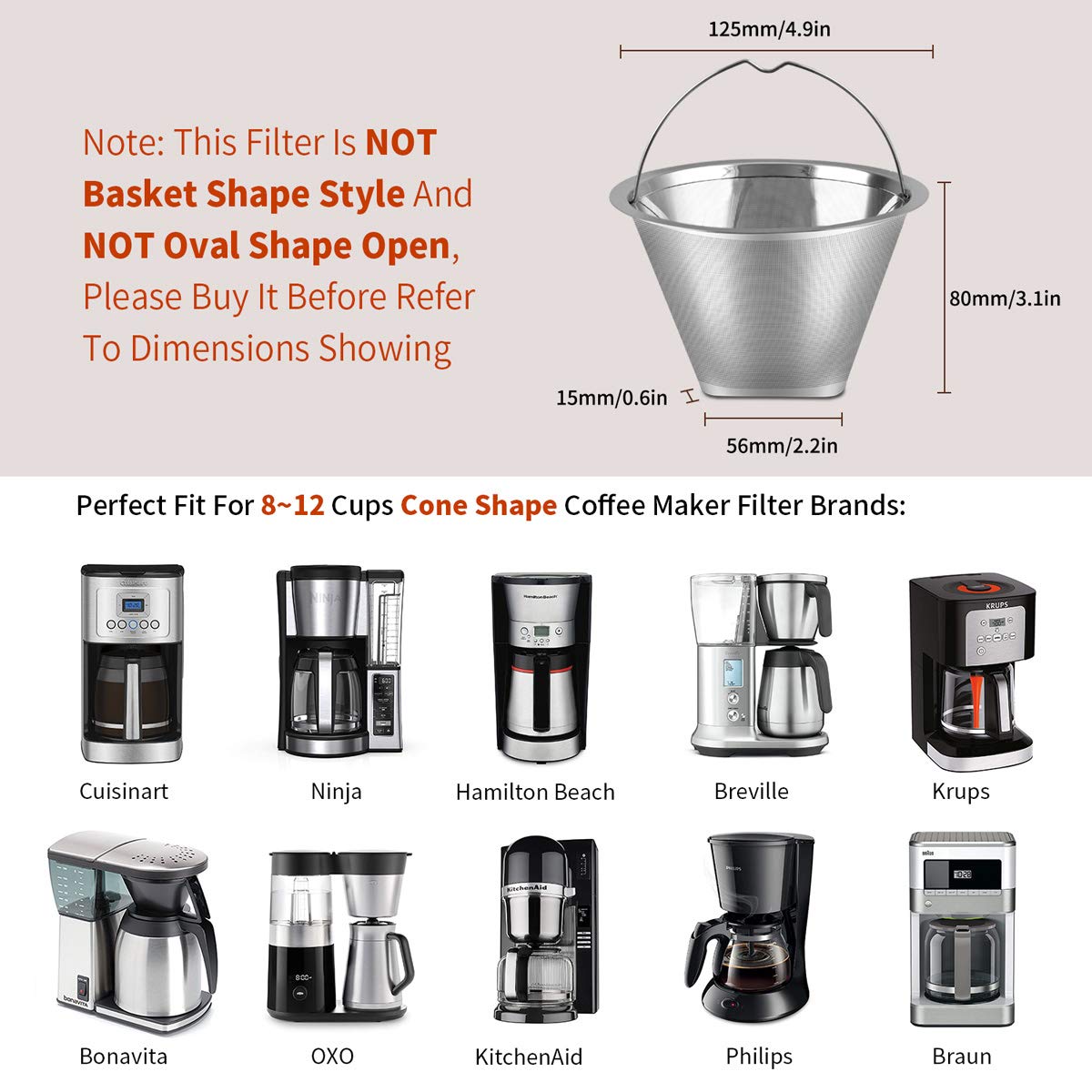 #4 Reusable Cone Coffee Filters, Fits Cuisinart 8-12 Cup Drip Coffee Maker