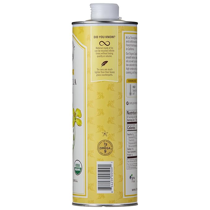 La Tourangelle, Organic Canola Oil, Expeller-Pressed Non-GMO Canola Seeds, Pesticide and Chemical Free, High Heat Neutral Cooking Oil, 33.8 fl oz
