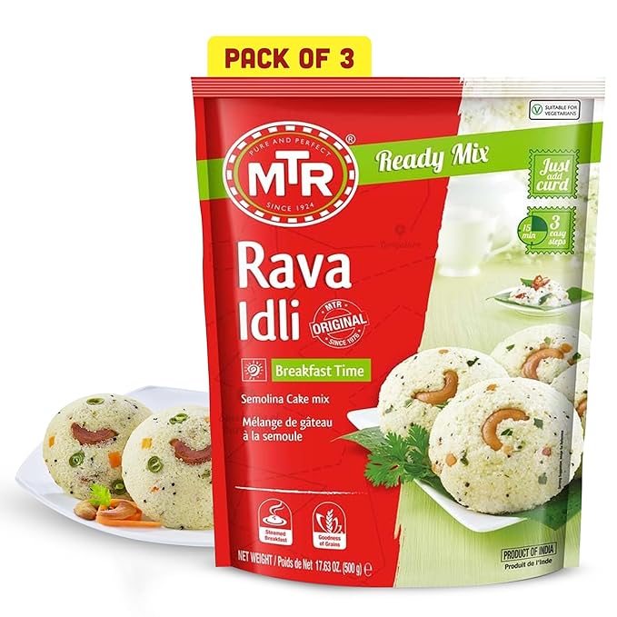 MTR Instant Rava Idli Mix - Ready to Cook Authentic Indian Breakfast, Lunch, Dinner or Snack Meal - No Added Preservatives - A Quick & Easy Recipe Suitable for Vegetarians - (500g, Pack of 3)