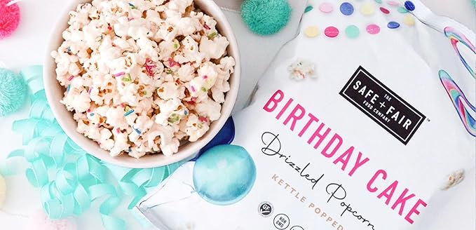 Safe + Fair Birthday Cake Drizzled Popcorn - Gluten-Free, Dairy Free and Vegan Snack - Free From Top 9 Allergens and Artificial Ingredients ??Non GMO, Plant Based Kettle Popped Corn, 5.5 oz