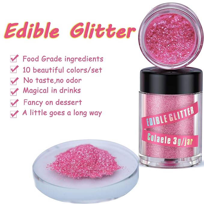 Edible Glitter for Cakes Drinks Luster Dust Set - Colaele 10 Colors Shimmering Disco Glitter Food Grade Metallic Food Coloring Powder Sprinkling for Strawberries, Chocolates, Fondant, Pops, Vegan