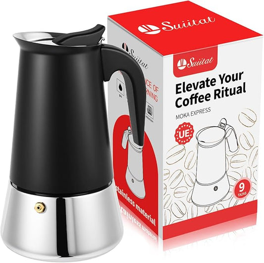 Moka Pot, 9 Cups (15.9 oz) Stovetop Espresso Maker, 304 Stainless Steel Moka Pot, Induction Compatible, Black
