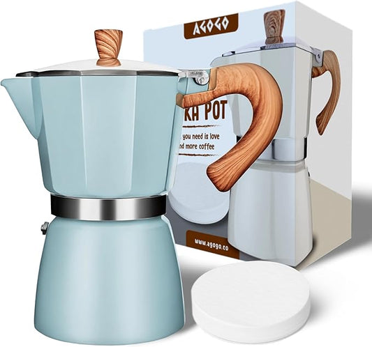 AGOGO Milano Moka Pot, Stovetop Espresso Maker, Greca, Coffee Percolator, Turkish Coffee Maker with Paper Filter 6 Cup Lake Blue