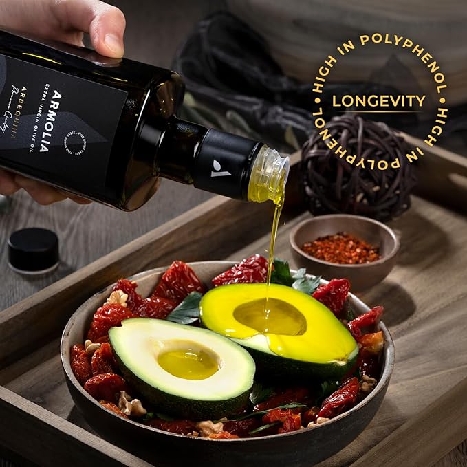 ARMOLIA Pure Olive Oil Extra Virgin Cold Pressed Glass Bottle, EVOO 2025 Gold Award Winner Drinking Polyphenol Rich Olive Oil Early Harvest, High Polyphenol (<400 mg/kg) Low-Acidity (0.14%), Hand Picked (500ml)
