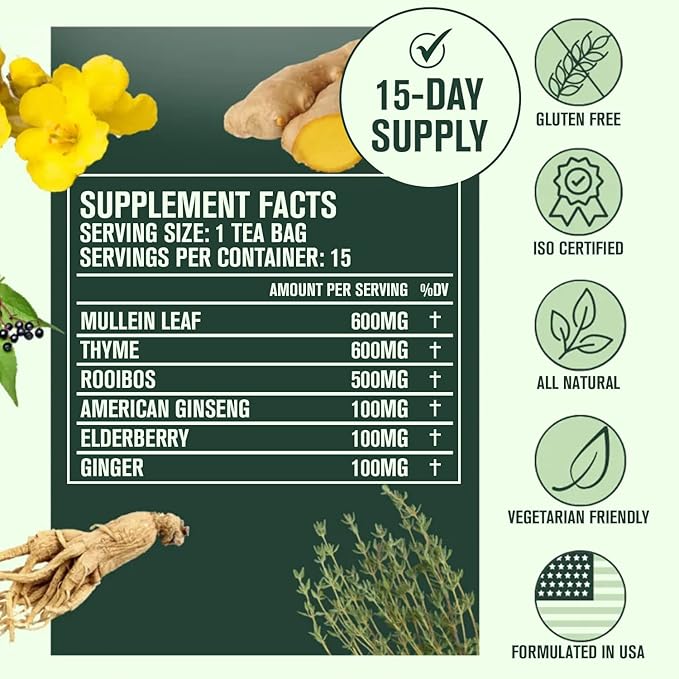 Betterbrand Mullein Tea Bags for Lungs ??Herbal Tea for Respiratory Support ??Caffeine-Free Loose Leaf Blend with Mullein Leaf Extract ??15 Bags for Lung Health and Wellness