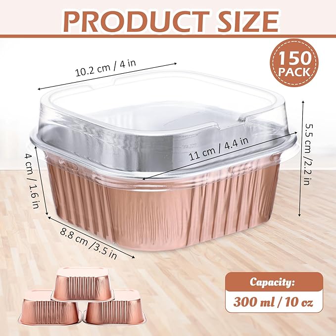 Aoriher 150 Pieces 10 oz Mini Cake Pans with Lids Aluminum Foil Baking Cups Square Disposable 4" x 4" Large Cupcake Cups Baking Tins for Kitchen Brownie Pudding Desserts Holders(Champagne)