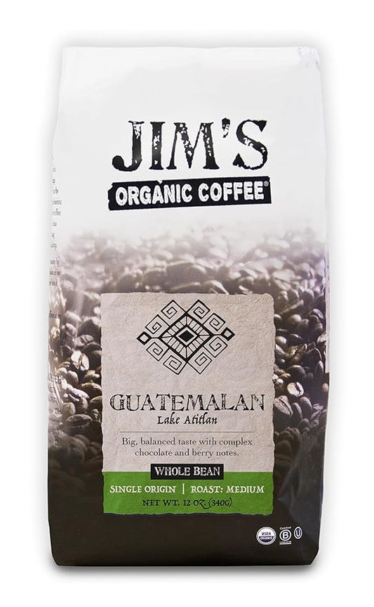 Jim?™s Organic Coffee ??Guatemalan Lake Atitlan ??Single Origin, Medium Roast - Whole Bean 12 oz Bag