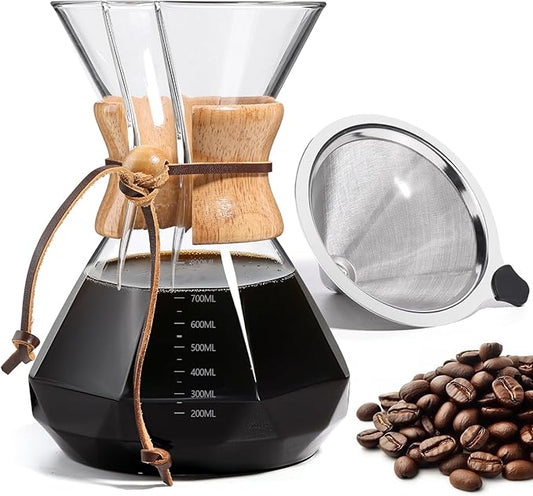 Pour Over Coffee Maker 27 OZ, 8 Cup Borosilicate Glass Drip Coffee Maker with Reusable Stainless Steel Filter and Cork Grip for Home Caf챕 800 ML (Diamond Shape)
