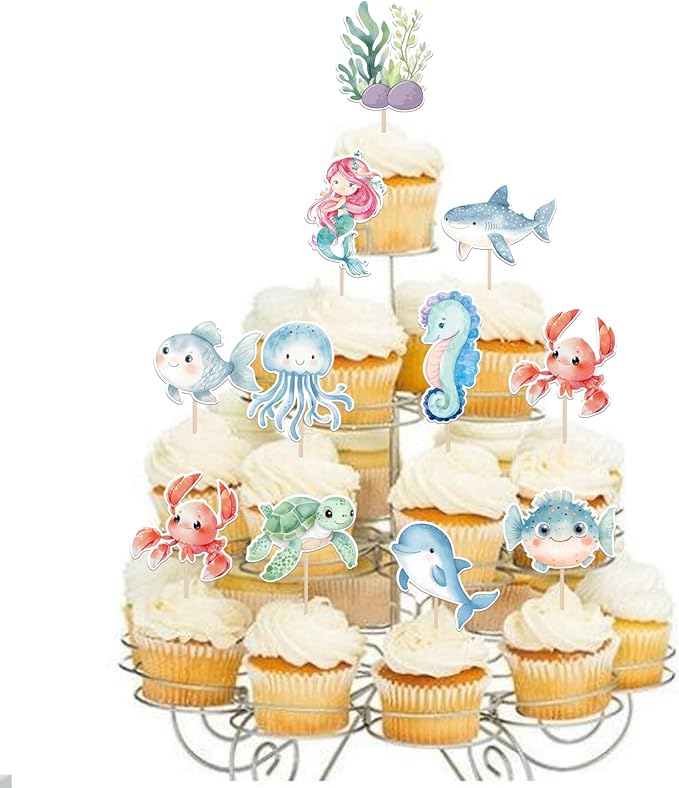 40 Pack Marine Animal Cupcake Toppers Glitter Starfish Hippocampus Seaweed Ocean Sea Animal Creature Marine Cupcake Picks Kids Birthday Baby Shower Summer Cake Decorations Style 2