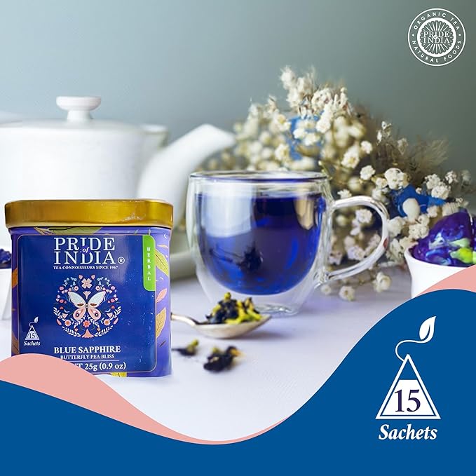 Pride of India | Blue Sapphire: Butterfly Pea Flower Tea 1 oz (28.3 gm) | 100% Pure Butterfly Pea Flower | Mild, Earthy Flavor & Subtle Floral Flavor | Premium Pyramid Nylon Tea Bags