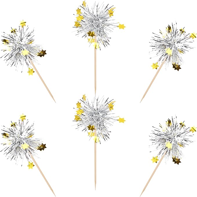 Rsstarxi 30 Pack Foil Firework Cupcake Toppers Happy Birthday Party Decorations Sparkle Tinsel Cocktail Food Fruit Toothpick for Happy Valentine's Day Wedding Birthday Party Cake Decorations Silver