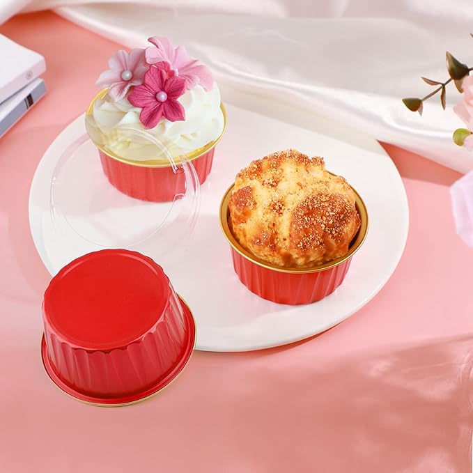 EUSOAR Dessert Cups with Lids, 30pcs 5oz Disposable Aluminum Tin Foil Ramekins Cupcake Baking Cups Containers Wrappers with Lids, Mini Aluminum Cheesecake Pan Creme Brulee Ramekins-Red+Gold
