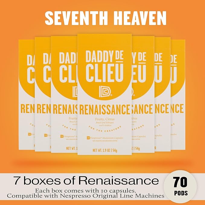 Daddy De Clieu Renaissance Coffee Pods (Sweet & Balanced, Brazil and Ethiopia, 100% Arabica Blend), Compatible with Nespresso Original Line Machines, Recyclable Aluminum Capsules, 70 Count