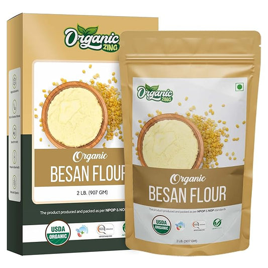Organic Zing Besan Flour also known as Chickpea Flour, Bengal Gram Flour or Garbanzo Bean Flour |Vegan| Preservative Free | Product of India - (907gm) Resealable Pack