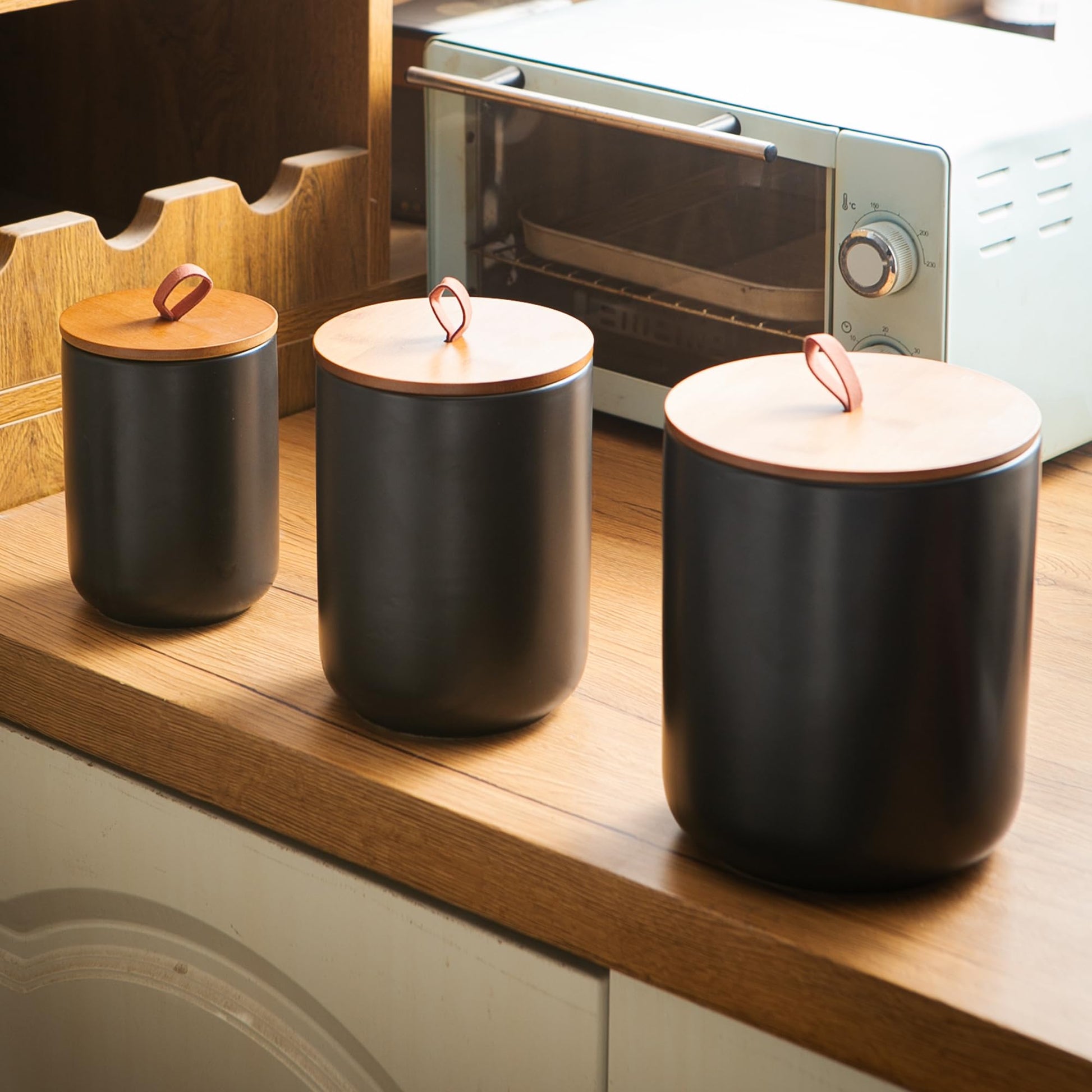 Mowtanco Ceramic Canister Set (30 oz, 48 oz, 82 oz) – Black Ceramic Jar Set with Airtight Bamboo