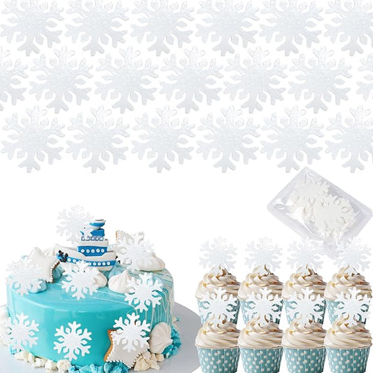 50pcs Edible Snowflake Cupcake Toppers ??Edible Cake Decorations & Snowflake Cake Decorations for Christmas, Winter & Any Party (White)