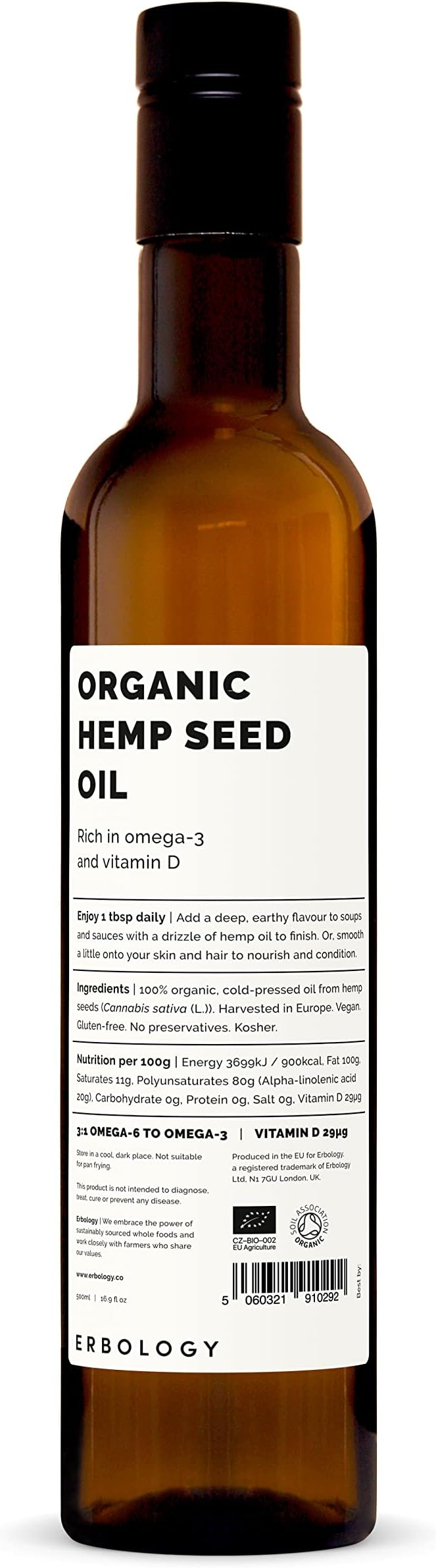 Erbology Organic Hemp Seed Oil 17 fl oz - Cold-Pressed - Rich in Omega-3 - Source of Vitamin D - Straight from Farm - Non-GMO - No Additives or Preservatives - Recyclable Glass Bottle
